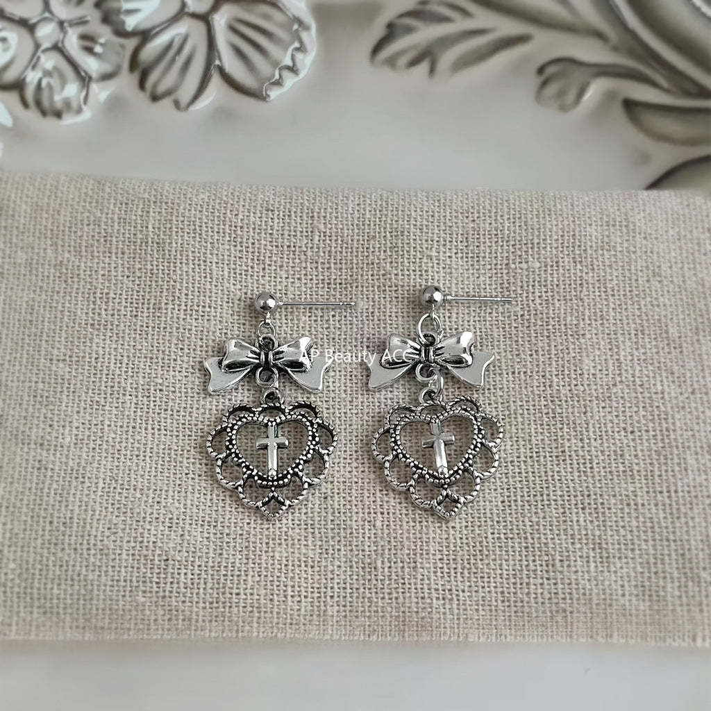 C관 - 리본 레이스 하트 925 은침 귀걸이 [7206] 25.12-2