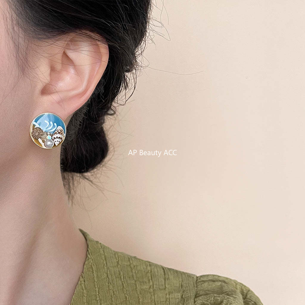 C관 - 소라 펜던트 담수 진주 바다 테마 14K 도금 귀걸이 [4368] 24.06-3