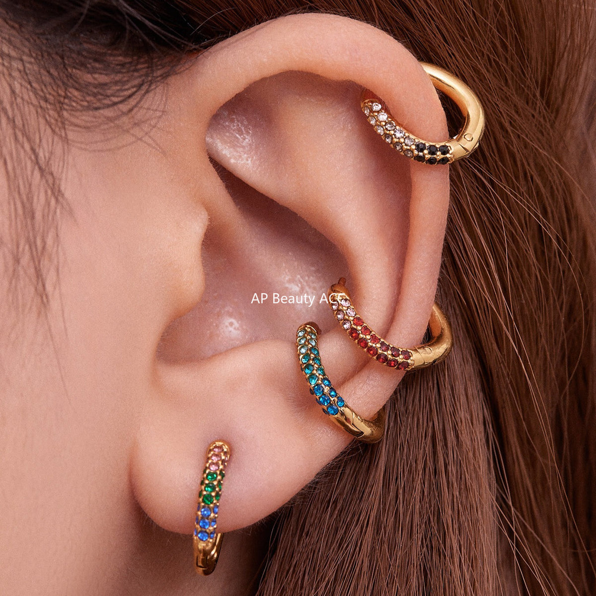 D관 - 스테인리스 18K 도금 멀티컬러 큐빅 링 귀걸이 [F752] 25.11-1