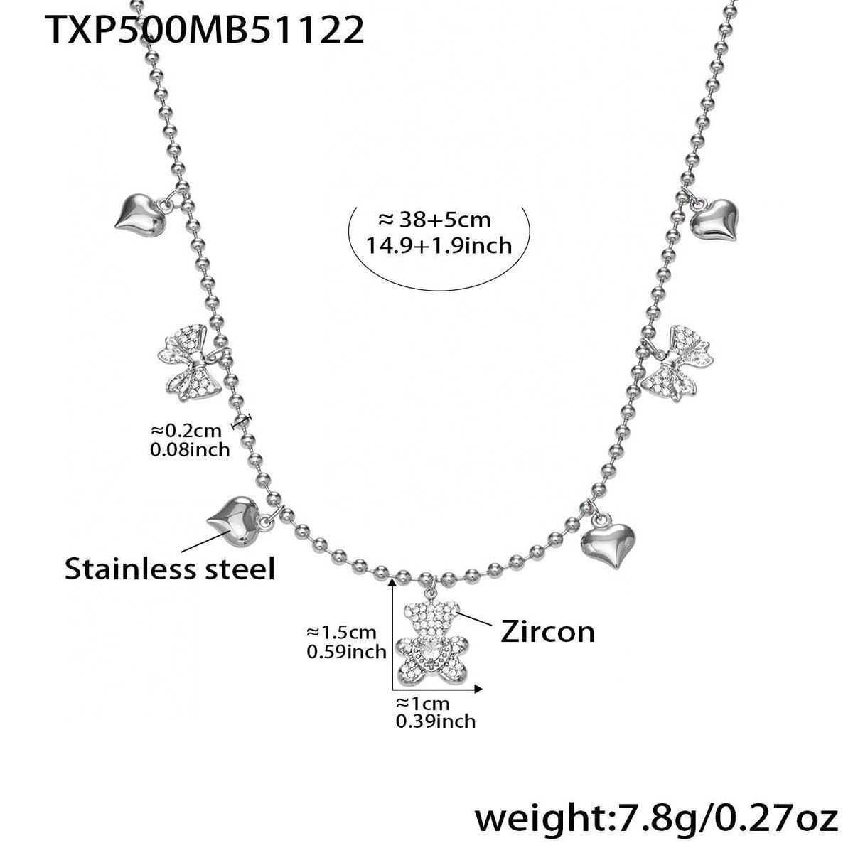 D관 - 스테인리스 스틸 곰 리본 하트 풀큐빅 펜던트 목걸이 팔찌 귀걸이 [TXP500] 25.11-4