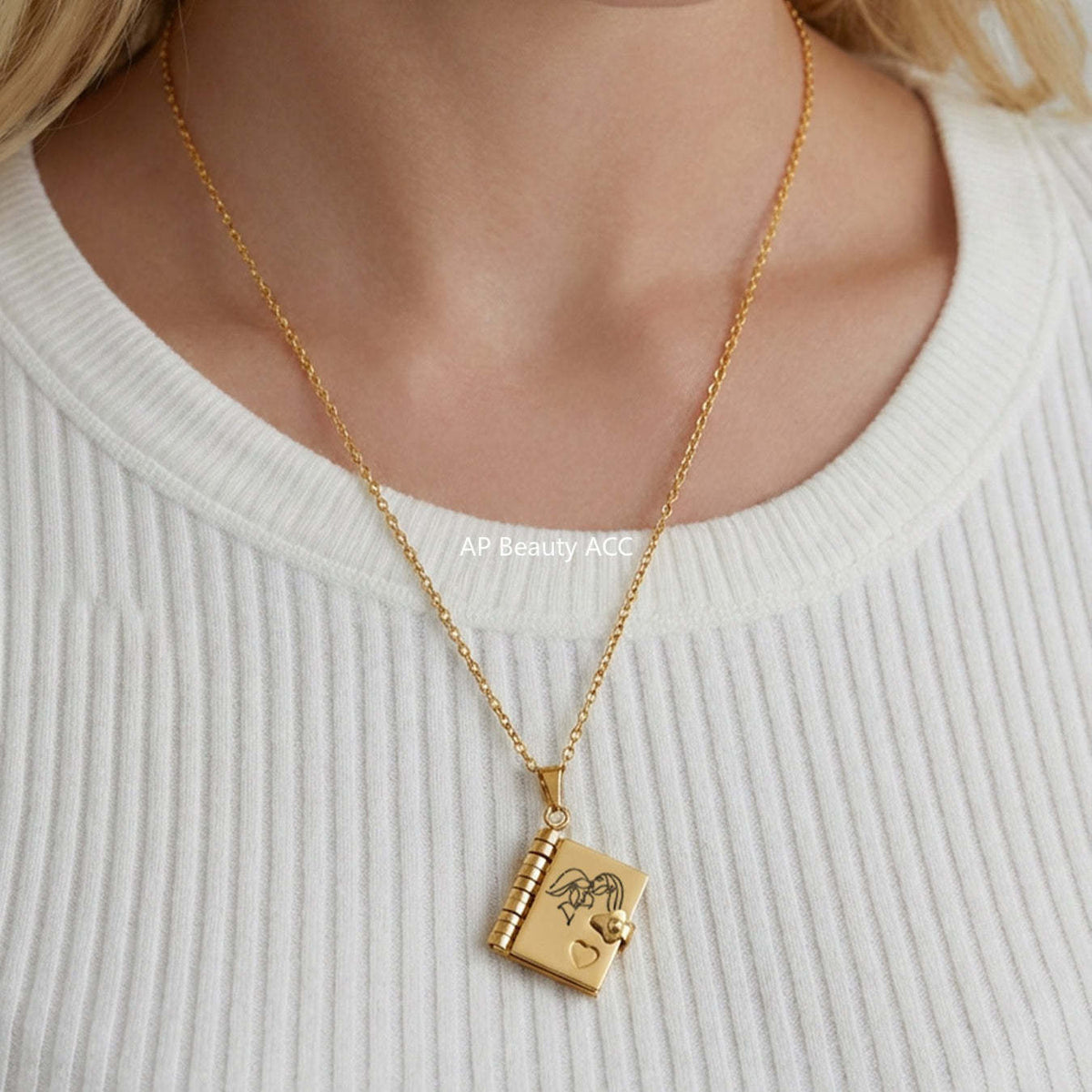 D관 - 스테인리스 스틸 18K 도금 미니 오픈 북 각인 펜던트 목걸이 [RP022] 25.12-3