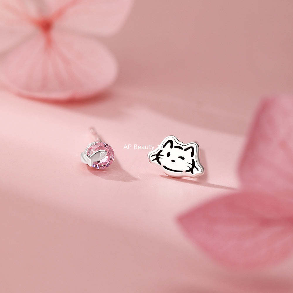 B관 - 999 실버 고양이 물고기 큐빅 귀걸이 [YC9006E_1] 25.12-2