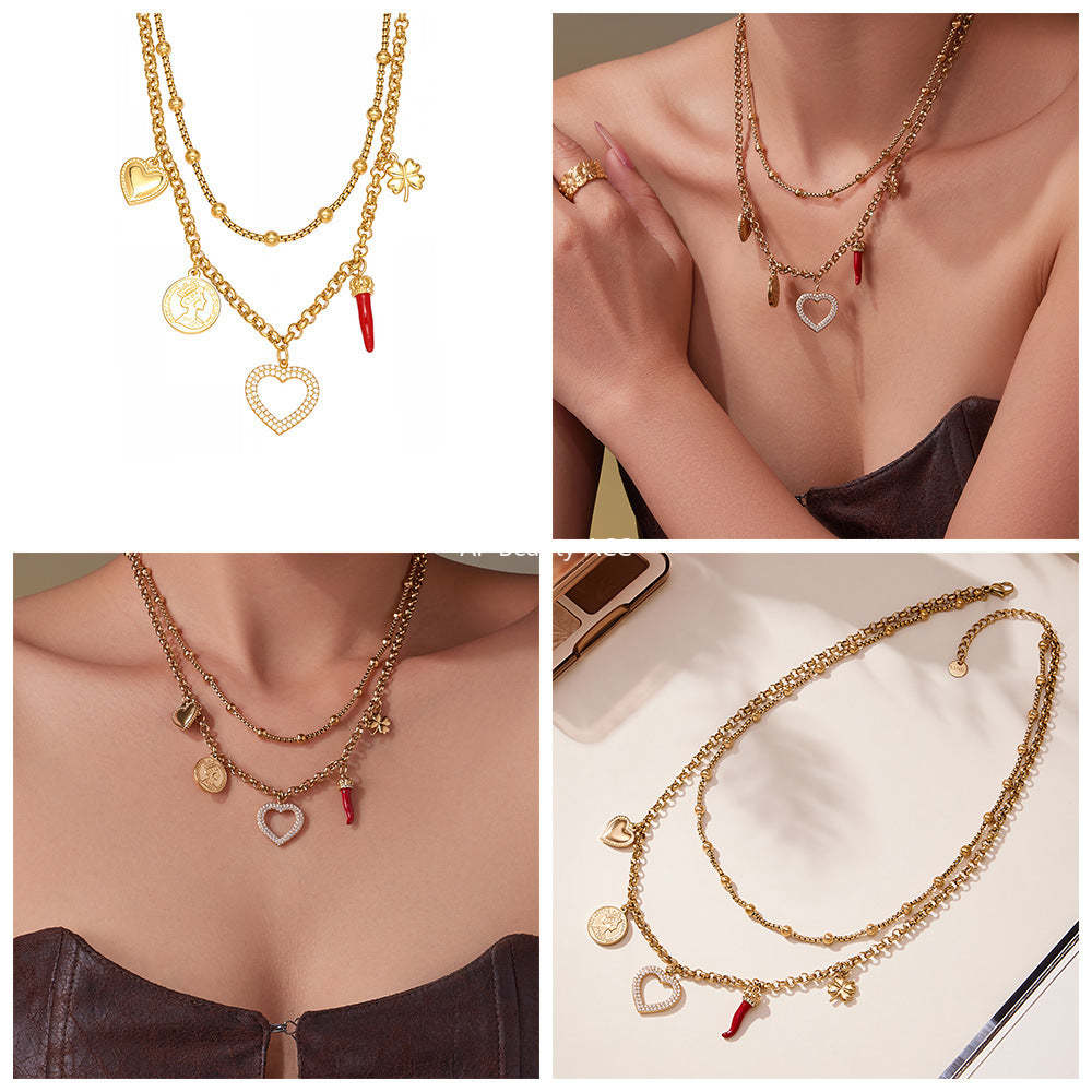 D관 - 더블 레이어 하트 큐빅 멀티 펜던트 스테인리스 목걸이 [P170] 25.11-3