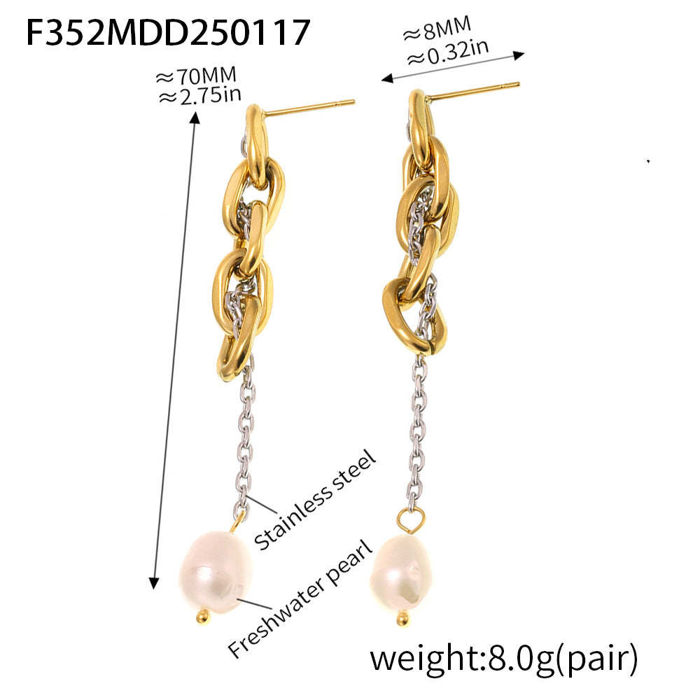D관 - 체인 태슬 담수 진주 18K 도금 스테인리스 스틸 귀걸이 [F352] 25.02-1